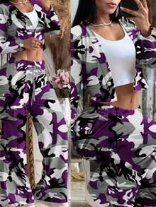 Summer 2pcs/Set Women Popular Seasonal Fashion Suit | Camouflage V-Neck Button-Up Top Pants With Drawstring Waist | Elegant Casual Casual Y2K Style Lightweight & Comfortable Fabric, Vacation Outfits For Women - 淺灰紫 - 查看 3