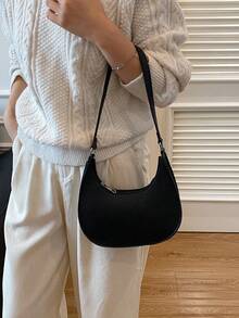 1 pièce Sac à bandoulière en croissant zippé en PU de couleur unie à texture de litchi, portable, convenant pour un usage quotidien des femmes en automne/hiver - Noir - Voir 4