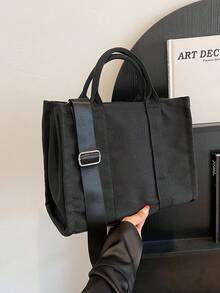 Fashionable Tote Shoulder Bag, Lightweight Canvas Handbag With Adjustable Strap, Simple Satchel Bag For Students
