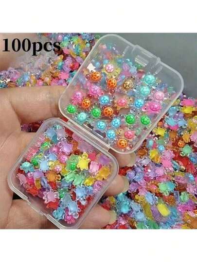 100 件/200 件盒装夜光迷你海龟吊坠，彩色平背树脂装饰，适用于 DIY 美甲、剪贴簿、婚礼耳环和珠宝工艺品、派对礼品、房间装饰，无需电池，海龟装饰
