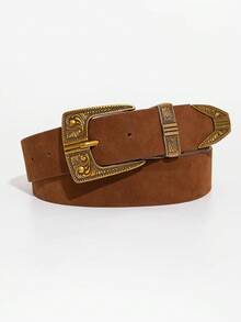 1 件咖啡色西式雕刻花卉图案绒面革女士休闲腰带，秋冬 - 棕色 - 查看 4