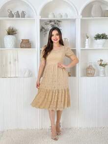 Vestido Aurora De Renda Feminino Midi Elegante Moda Casamento Festa ano novo - Caqui - Visão 3