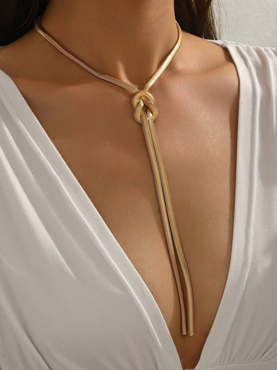 1pc Fashion Metal Twist Thick Snake Chain Necklace, Minimalist Tassel Y-Shaped Choker Necklace For Women, Suitable For Daily Wear And Music Festival Party