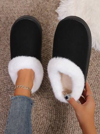 女士时尚简约奢华纯色一脚蹬包头毛绒拖鞋，秋冬款，保暖内衬，厚底，舒适，适合室内外穿着，软底保暖毛绒拖鞋