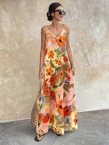 Standard Size Beaded Back Floral Print Slip Dress Party Summer Elegant - Multicolor - View 2