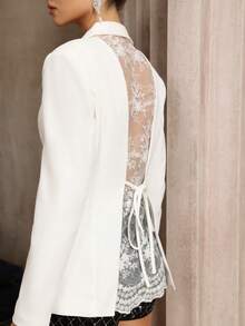 女士翻领撞色蕾丝露背系带假口袋修身派对西装外套，优雅时尚的设计适合各种派对和婚礼，非常适合办公室穿着和社交活动 - 白色 - 查看 6
