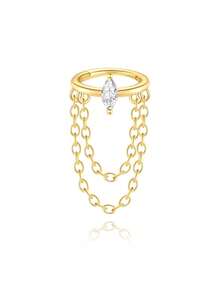 1pc S925 Sterling Silver Ear Cuff Earring, Hypoallergenic Ear Piercing Jewelry, Double Chain Design - Gold - View 15