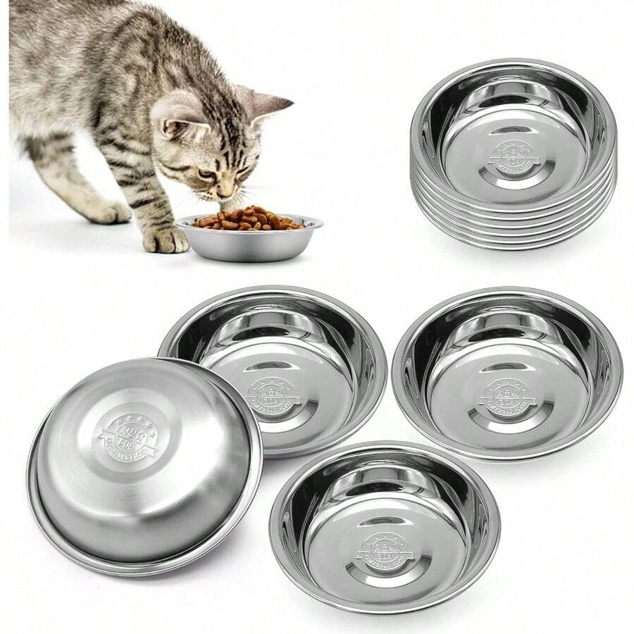 5 PCS Stainless Steel Bowl - Shallow Wide Flat Cats Food Bowls, Metal Kitten Dishes Whisker Friendly Fatigue Relief, Basic Plates Elevated Stand, Dishwasher Safeu2026 - Set of 12 - 查看 1