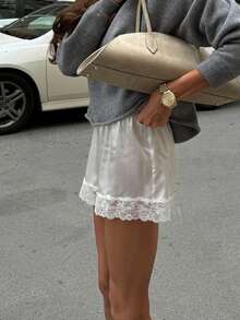 Women Y2K Satin Lace Trim Shorts Lightweight Elastic Waist Mini Shorts French Knickers Loose Sleep Shorts Slip Bottoms Pj Shorts Summer Casual Streetwear For Outside - 白色 - 查看 4