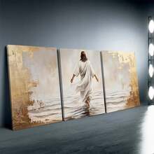 3-Piece Jesus Walking On Canvas Wall Art With Frame, Christian Faith Inspiration In Soft Tones With Gold Accents, Waterproof And Durable, Suitable Bedroom, Living Room, Or Dormitory Decoration Home Decor Bedroom - 彩色 - 查看 3