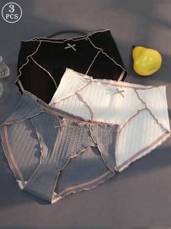 3 件装简约棉质裆部性感甜美可爱蝴蝶结荷叶边高腰内裤，舒适中腰低腰女式三角裤