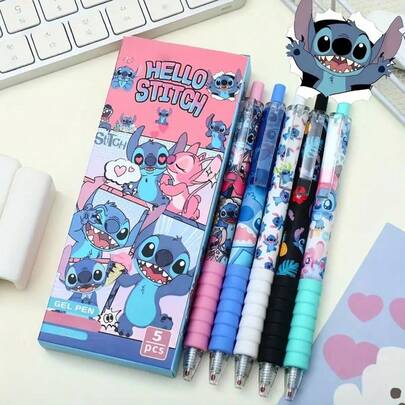 Disney 5 piezas Nuevo bolígrafo de dibujos animados divertidos de Disney Stitch, bolígrafo neutro lindo de dibujos animados, núcleo de secado rápido de 0.5 mm, con personajes de dibujos animados lindos, artículos de papelería creativos, adecuados para uso de oficina, adecuados para uso escolar, adecuados para regalos de fiesta, suministros de oficina personalizados