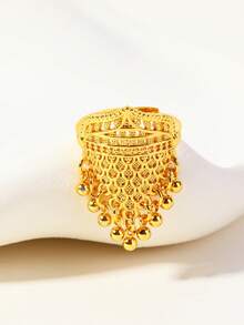 1pc Fashionable Hollow Floral Beaded Tassel Adjustable Ring For Women, Suitable For Party, Gift, Daily Wear