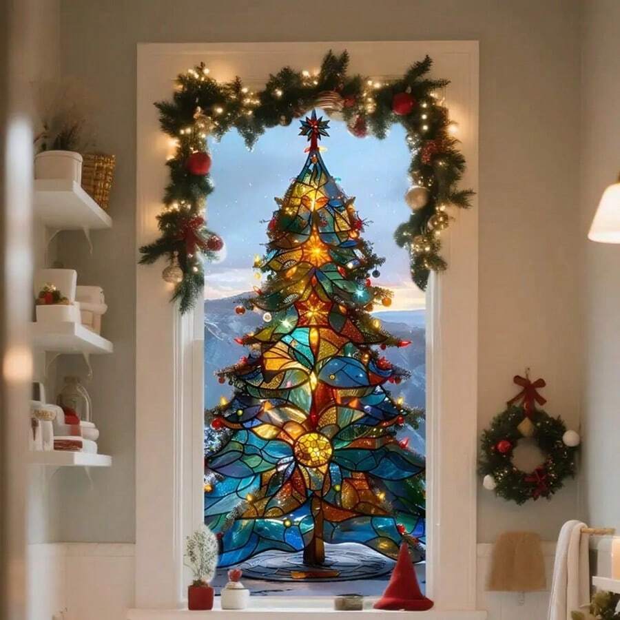 1 pieza Adhesivo de ventana de árbol de Navidad de vidrio colorido - PVC electrostático adhesivo, decoración moderna del hogar, perfecto para exhibiciones navideñas, pegatinas de pared de adornos navideños, decoración de habitación, pegatinas de pared, decoración del hogar, decoraciones navideñas, decoraciones navideñas para el hogar