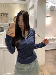 纽扣细节休闲蕾丝褶饰二合一拉绒T恤上衣 - 藏蓝色 - 查看 2