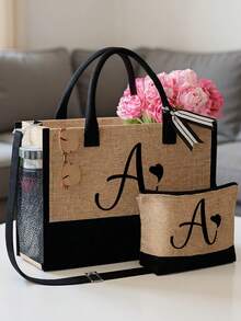 两件套女士沙滩手提包，配有可拆卸肩带，可定制A-Z字母，超大容量。肩带可根据个人喜好拆卸，包含化妆包和拉链小袋，可存放洗漱用品、零钱或文具。 - 彩色 - 查看 4