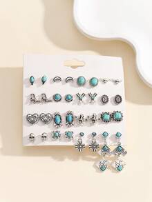 16 pares de conjuntos de aretes de botón y aretes colgantes geométricos de turquesa, joyas de estilo bohemio para mujeres - 16 pares de turquesas geométricas - Ver 7