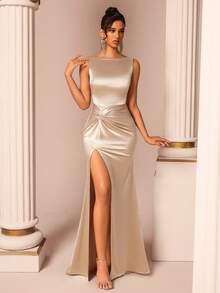 Elisanya 女士优雅船领扭纹镂空露背系带舞会礼服 - 杏色 - 查看 9