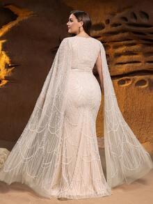 Faeriesty Haute Glamour Plus Elegancka Suknia Syrena z Koralikami, Dekoltem w Serek i Rękawami Do Podłogi - Luksusowa Formalna Suknia na Jesień Zimę Na Czerwony Dywan, Śluby I Gale, Strój Noworoczny - Szampan - Zobacz 2