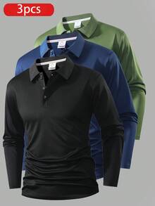 3pcs Boyfriend Style Men's Lightweight Breathable Running Fitness Casual Solid Color Long Sleeve Polo Shirts, Spring/Autumn - Multicolor - View 2