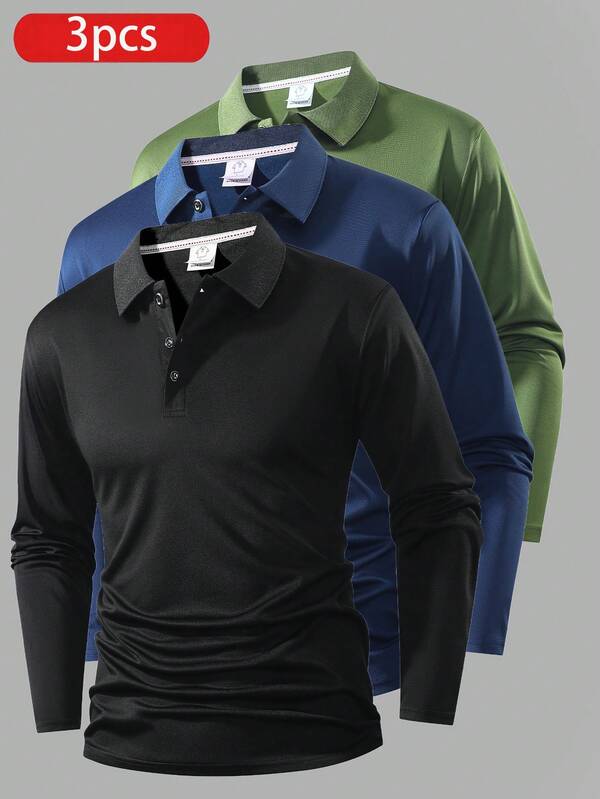 3pcs Boyfriend Style Men's Lightweight Breathable Running Fitness Casual Solid Color Long Sleeve Polo Shirts, Spring/Autumn