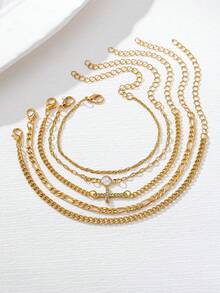 5pcs Elegant Cubic Zirconia Cross Decor Multi-Layer Bracelet, Suitable For Women's Party, Gathering, Daily Wear, Holiday Gift