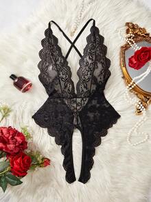AESKEIA Lace Crotchless Seductive Lingerie, Semi-Sheer Deep V Backless Design Sexy Women's Underwear