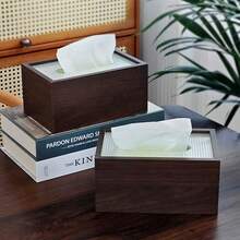 1pc Chinese Style Wooden Paper Towel Holder, Desk Tissue Box With Acrylic Cover, Striped Pattern, Suitable For Bathroom, Office, Bedside, Home And Dining Room