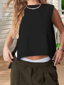 Women's Knit Tank Tops Sleeveless Crew Neck Solid Color Side Tie-Up Loose Fit Vest For Summer Spring Fall - 黑色 - 查看 2