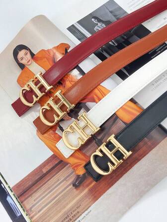 2pcs CH Metal Buckle Letter Casual PU Leather Women's Belt, All Season