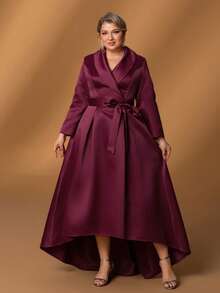 Faeriesty Mosy Plus 精致大码新娘母亲礼服,采用优雅的翻领、优雅的长袖、迷人的 A 字形轮廓和别致的蝴蝶结腰带 - 非常适合正式婚礼、盛大庆典、高档晚会、著名社交聚会和豪华正式活动 - 酒紅色 - 查看 5