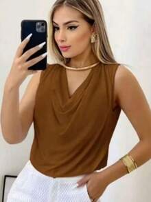 Simples    Poliéster    Babado    regata  Diário - Marrom - Visão 4