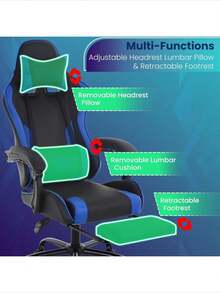 Ergonomic Racing Style Gaming Chair | Computer Desk Chair With Adjustable Lumbar Support | Breathable, Reclinable Design For Long Gaming/Work Hours - 藍色 - 查看 3