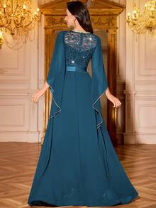 MIUSOL Đầm maxi dự tiệc trang trọng bằng chiffon, cổ tròn, tay cánh bướm, viền bèo nhún, đính sequin và ren hoa. - Màu xanh bụi bặm - Xem 4