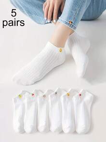 5双随机白色女士简约休闲袜子，卡通水果图案，适合日常穿着