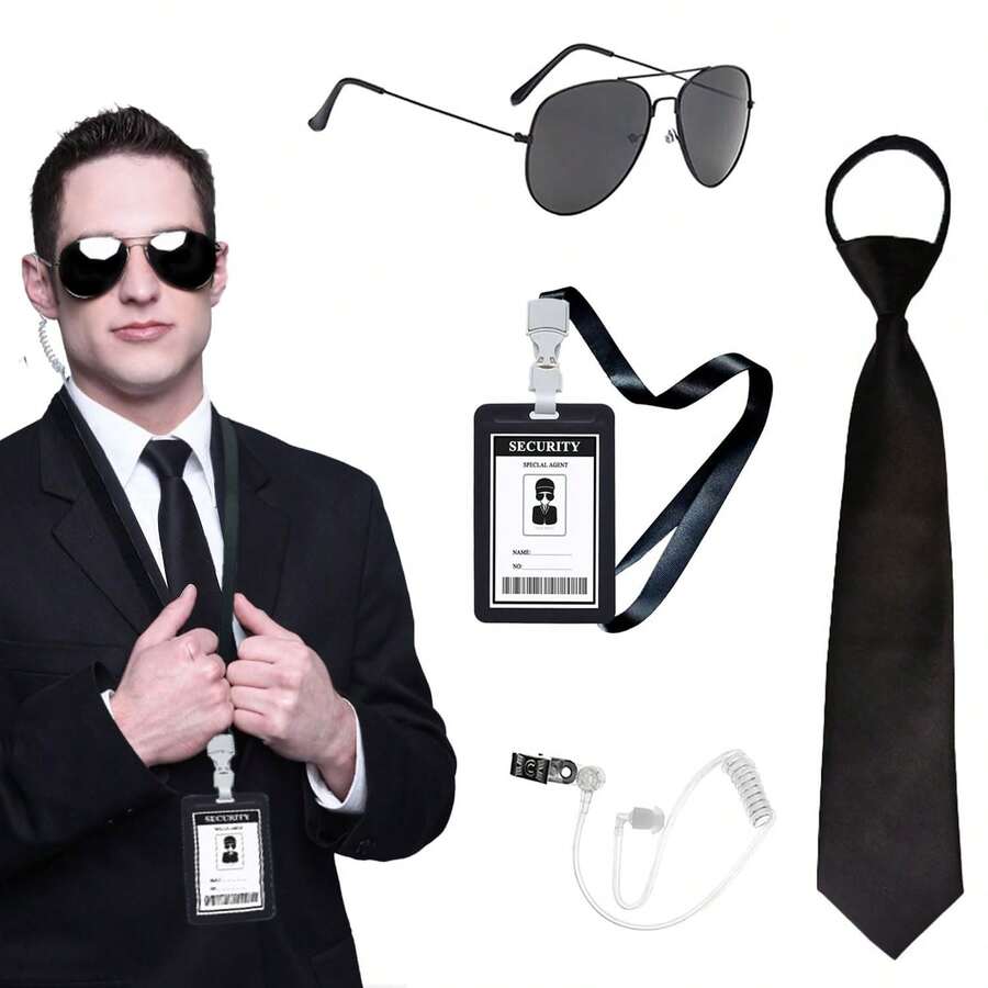 Wedding Security Agent Costume Accessories Set, Secret Security Service Kit With Tie, Glasses, Earpiece, Suitable For Women And Men Roleplay Party Games