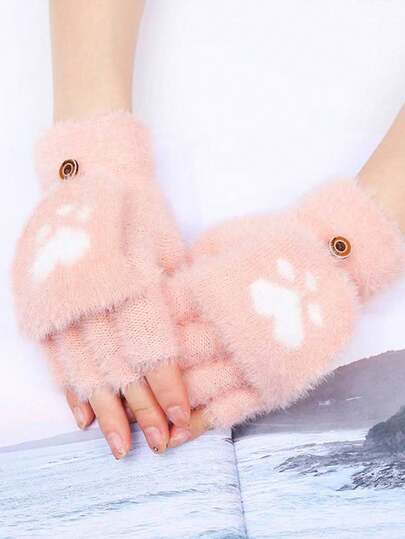 1 Paar Studentinnen Schreib-Halbfinger Flip Handschuhe, flauschige Katzen-Krallen-Mädchen fingerlose Handschuhe mit Nerz-Haar, warm