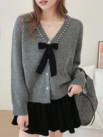 Wixra Maglione da donna con fiocco carino, cardigan lavorato a maglia con scollo a V e perline, ampio, per autunno/inverno