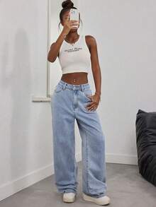 Summer Outfit ‌For Women Elegant Denim Relaxed Loose-Fit Casual Light Blue Jeans Street-Style Resort & Everyday Wear Straight-Leg Long Pants