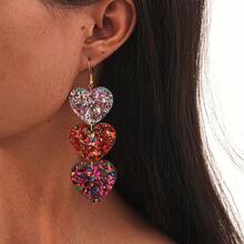 2-Piece Set Of Unique Exaggerated Mixed Color Sequin Heart Earrings, Unique Design, Multi-Color Patchwork