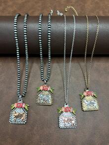 1pc Vintage Western Style Faux Pearl CCB Beaded Chain/Iron Chain, Cow Pendant Necklace, Versatile Short Length, Suitable For Casual Outfits, All Seasons Jewelry, Suitable For Women & Girls To Match Daily Clothes, Party Accessories, Jewelry Gift For Family/Friends/Yourself - Western Cowboy Style - View 6