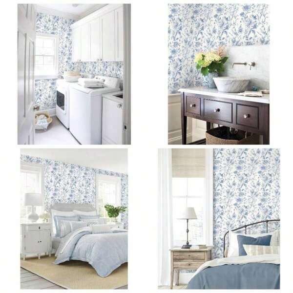 Wallpaper Peel And Stick Blue Floral Contact Paper Boho Flower Leaf Wall Paper Bathroom Bedroom Nursery Self Adhesive Removable 17.3 X 78.