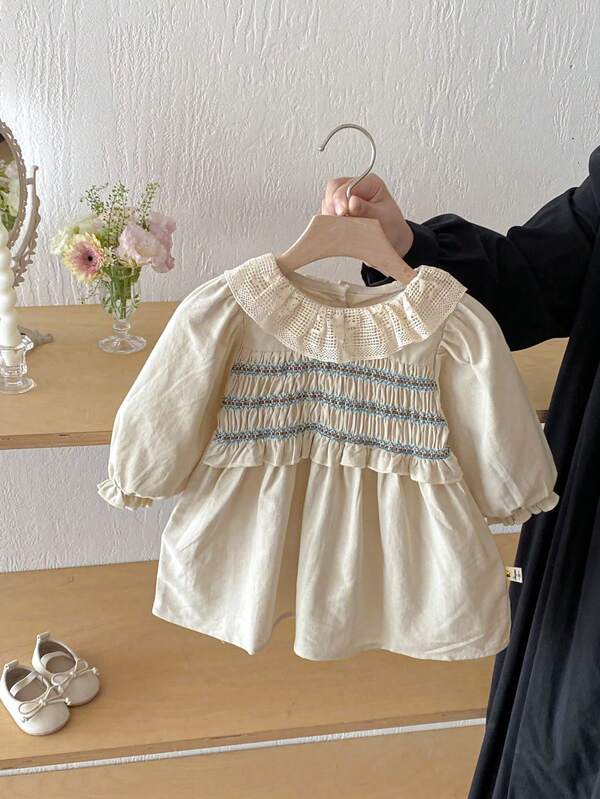 فستان كوري أنيق للبنات بياقة من الدانتيل وأكمام طويلة، موضة للربيع/الخريف