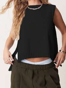 Women's Knit Tank Tops Sleeveless Crew Neck Solid Color Side Tie-Up Loose Fit Vest For Summer Spring Fall - 黑色 - 查看 5