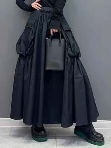 New Arrival High Waist Flared Long Skirt With Large Pockets, Fashionable Loose Women Clothing - Black - View 3