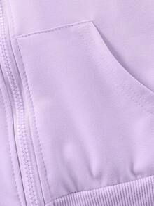 女童中大童连帽拉链运动衫，带口袋，秋冬款，简约风格，漂亮 - 紫色 - 查看 4