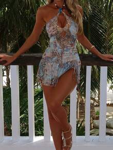 Đầm dự tiệc ngắn cổ yếm đính cườm, thắt nơ, phối sequin, cổ chữ V sâu, xếp ly, chất liệu lưới in họa tiết, đính cườm và tua rua, thích hợp cho kỳ nghỉ, thanh lịch. - Màu xanh lam - Xem 4