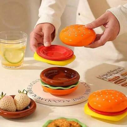 1 Set Of 6 Mini Plates: Fun Burger Tableware, Versatile Dipping Sauce Bowls, Dessert Plates, Dip Trays, Skewers Holders, Practical And Decorative, Dishwasher/Microwave/Freezer - Dual-Purpose Condiment Plates - Unique Burger Family Dinner Tray