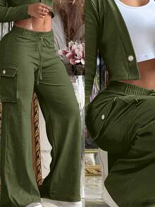 New Retro Y2K Olive Green Casual Loose Drawstring High Waist Multi-Pocket Long Cargo Pants, Streetwear Vintage Clothes Style Trousers Lightweight & Comfortable Fabric, Summer Outfits, Vacation Outfits - Màu xanh Ô liu - Xem 3