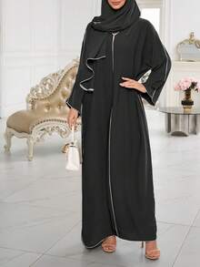 两件套阿巴雅长袍套装，经典滚边长袍连衣裙，适合女性日常穿着（长围巾+连衣裙） - 彩色 - 查看 2